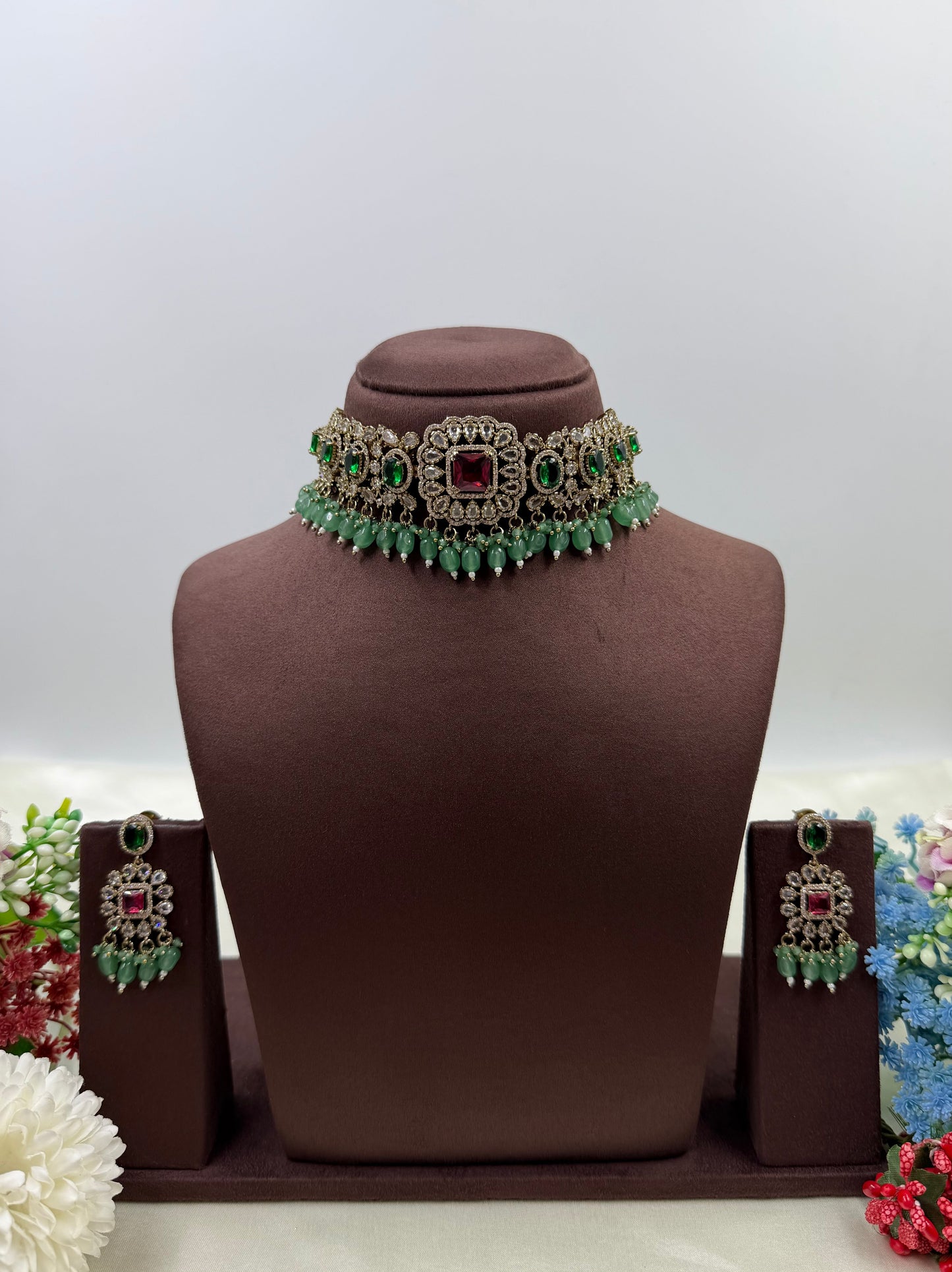 Tanvi Bold Elegance Victorian Necklace Set - Ruby green