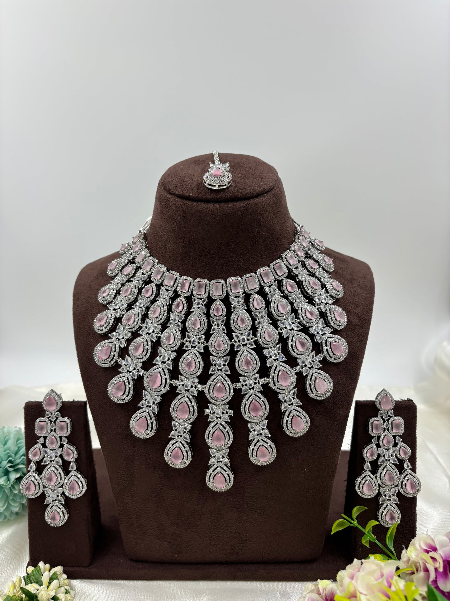 ROSE CZ PREMIUM AMERICAN DIMOND NECKLACE SET