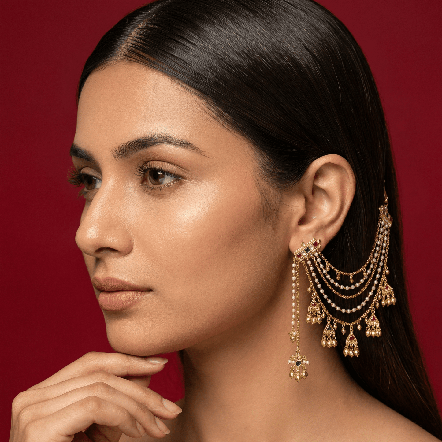 Meena Pachi kundan Ear Chain