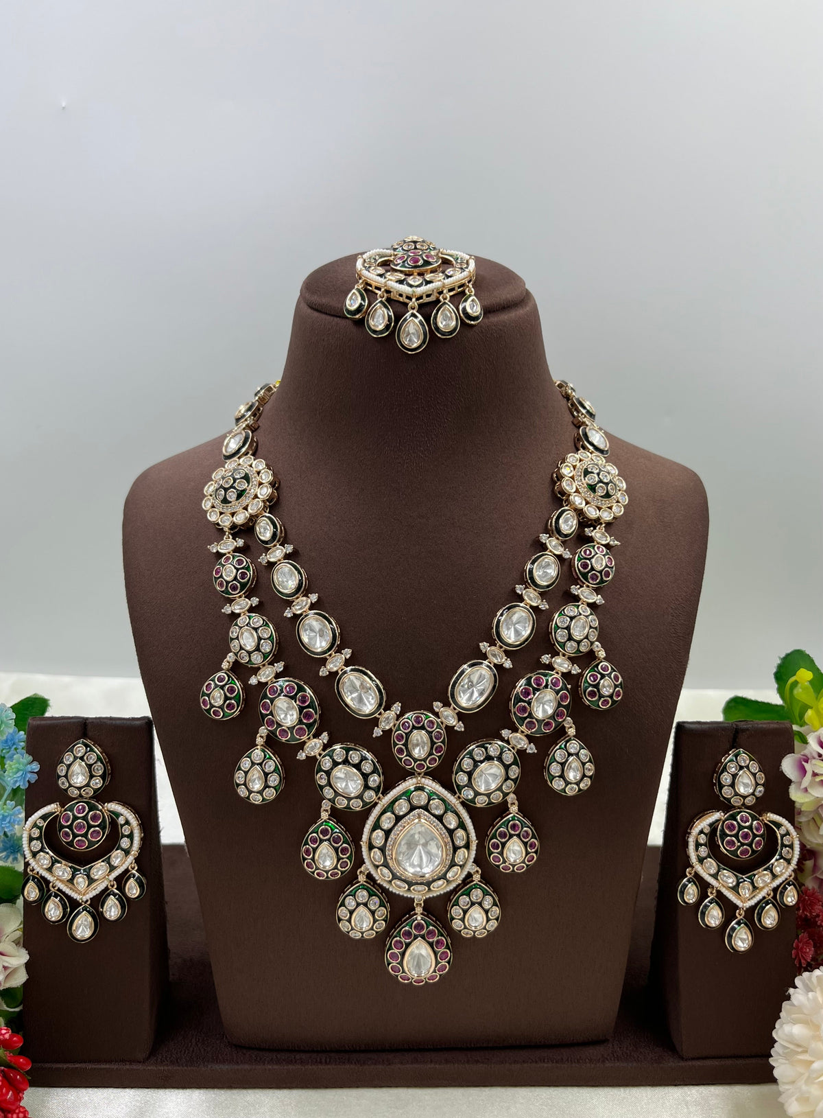 Aanya Premium Moissanite Kundan Semi Bridal Nacklace set - Multi