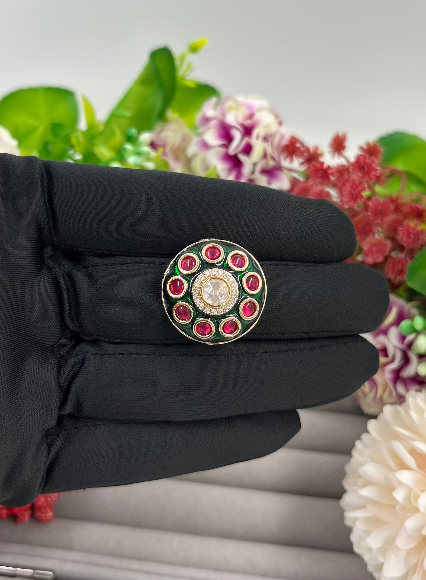 Hamsa Floral Kundan Ring