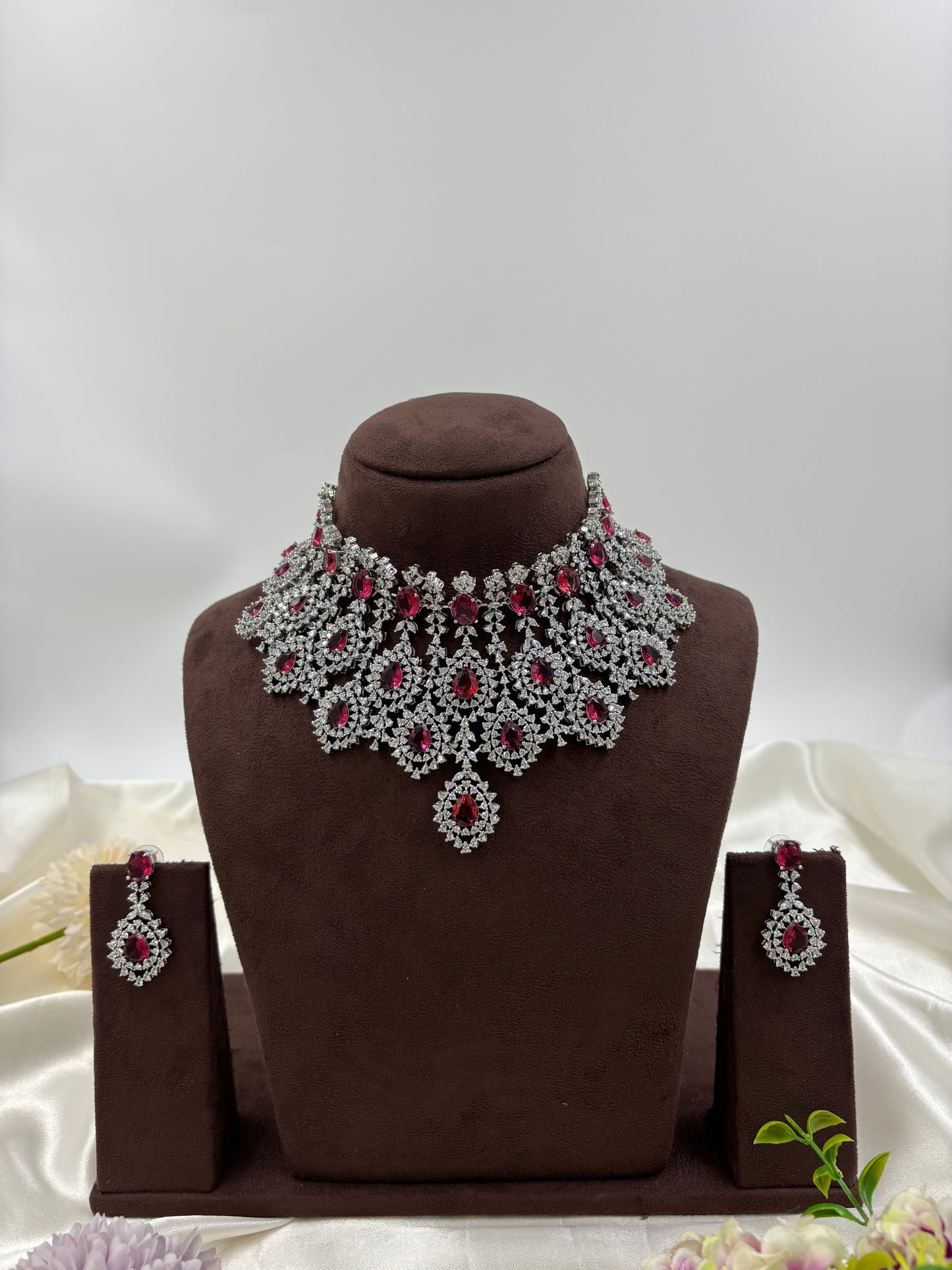 Esha CZ Choker Necklace Set - Whine Red