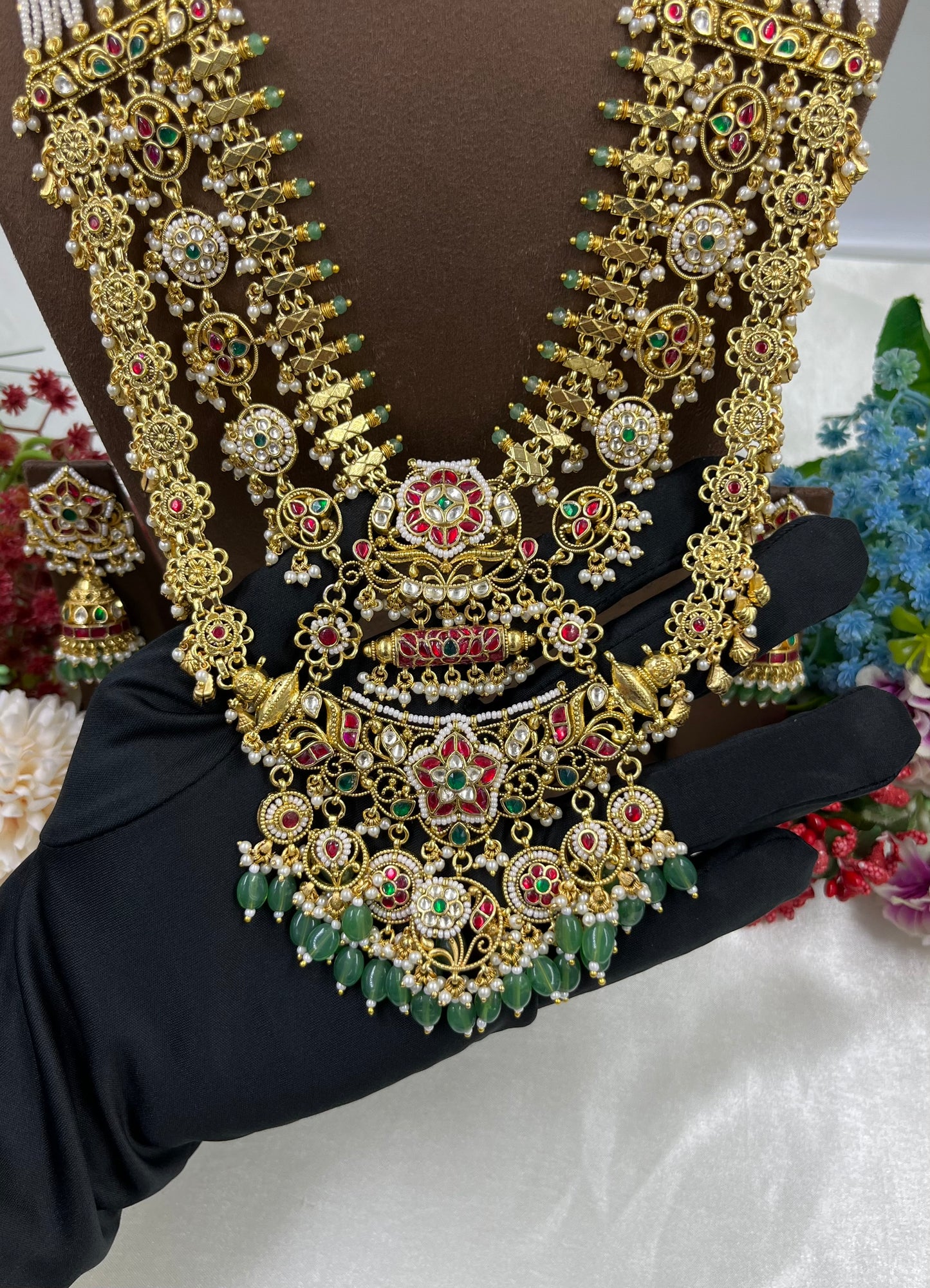 Rukmini Pachi Kundan Long Necklace
