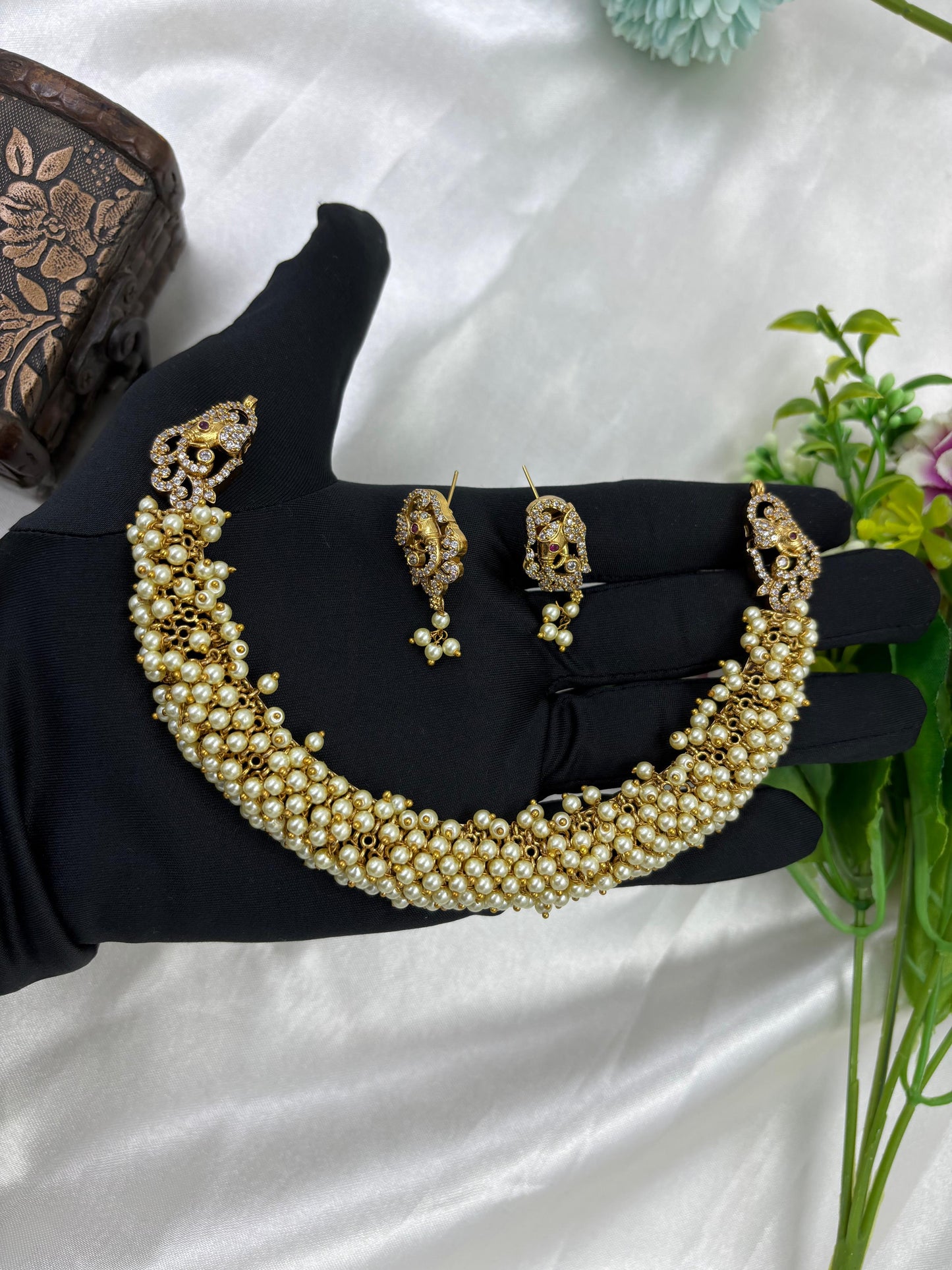 Riza Pearl Antique Gold Necklace set