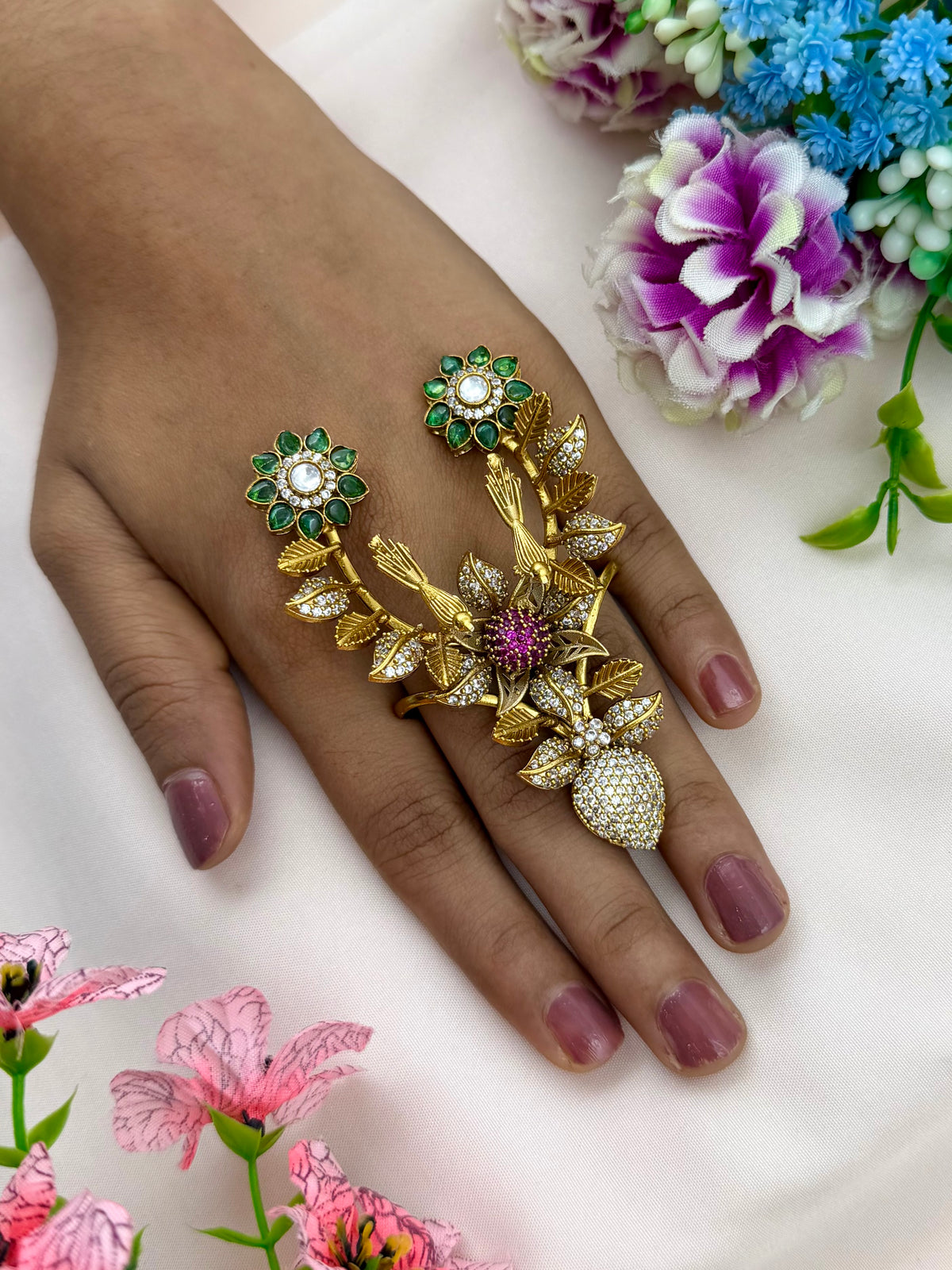 Prachi Emerald Floral Ring ( Adjustable )