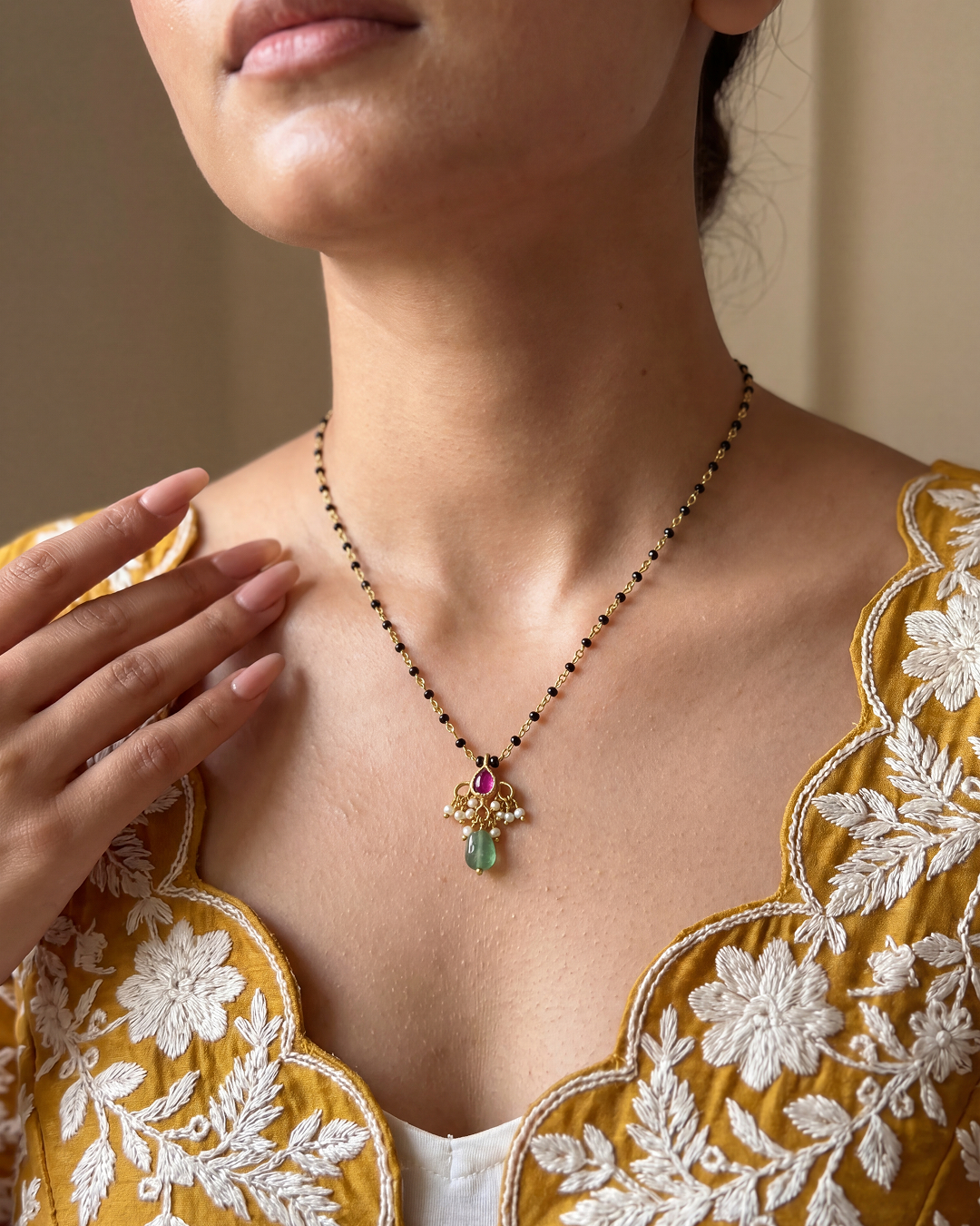 Minimal Pearl Drop Pista Bits Mangalsutra