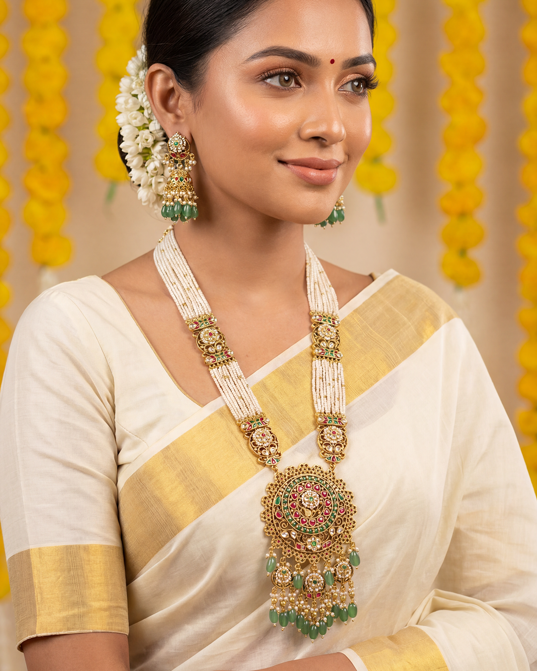 Priyanka Pachi Kundan Long Necklace Set