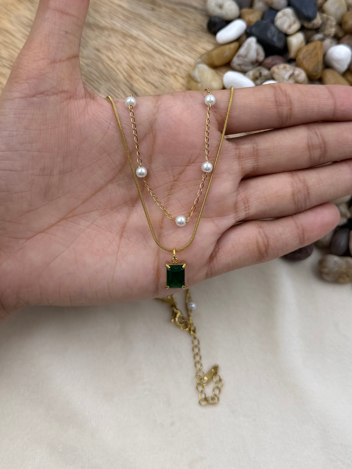 Tina Emerald Pearl Cascade Gold Chain