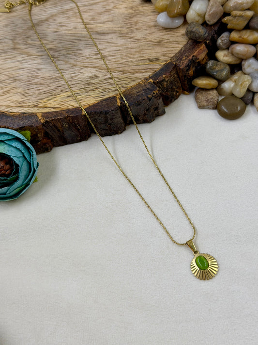 Green Oval Sunburst Design Gold Chain