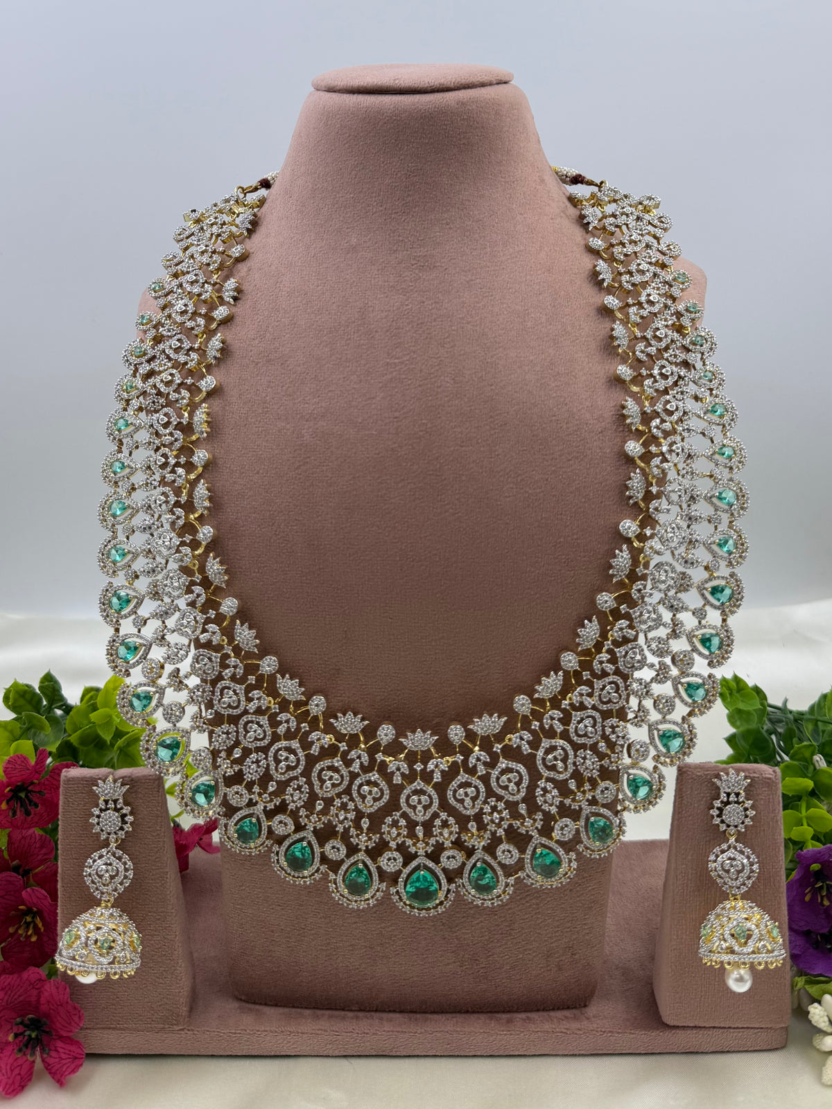 Rose American Diamond Two Tone Long Necklace Set