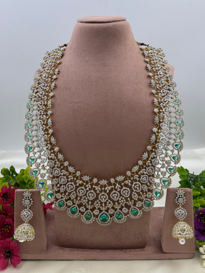 Rose American Diamond Two Tone Long Necklace Set