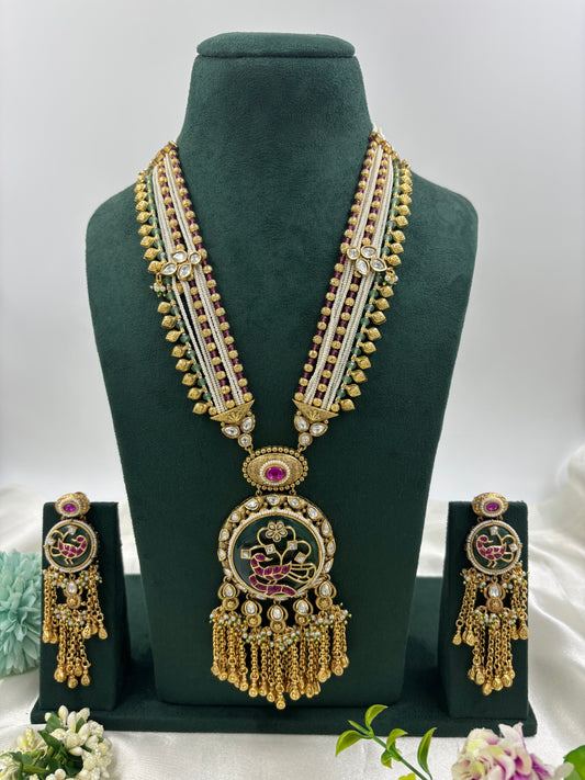 HANVI PREMIUM LONG ANTIQUE GOLD NECKLACE SET.