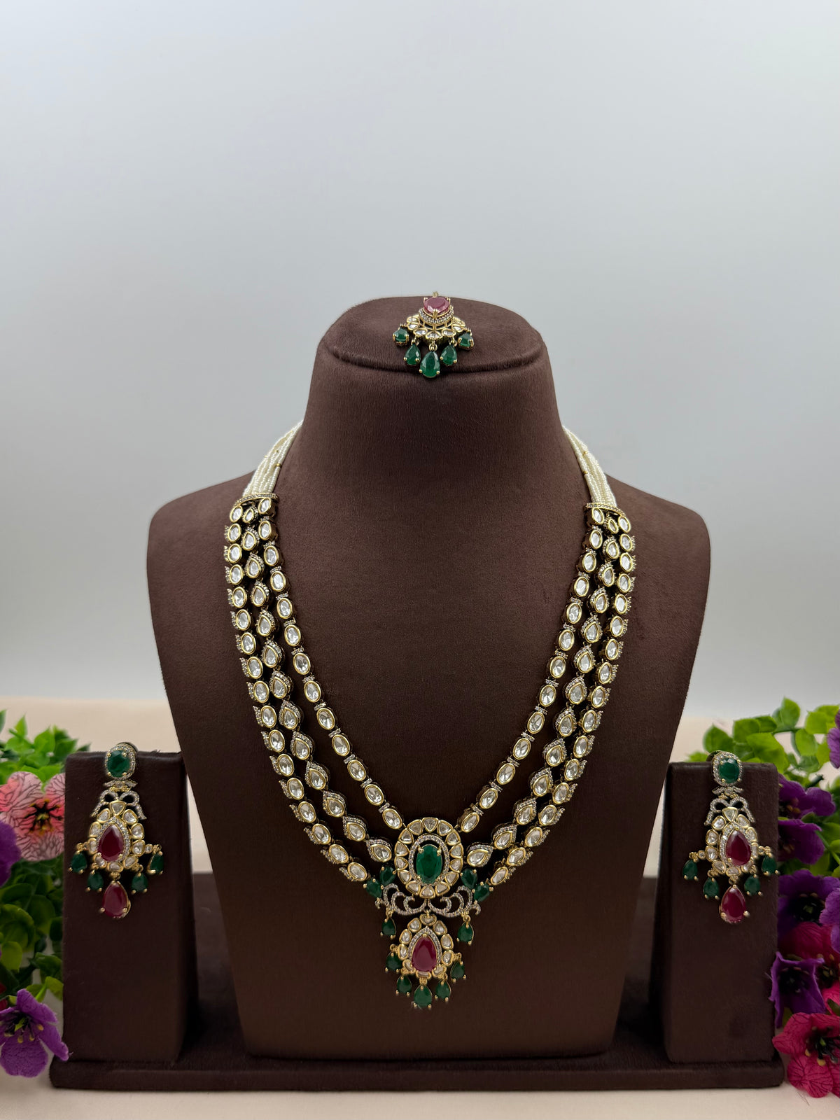 Aashi Victorian Moissanite Semi Long Necklace Set