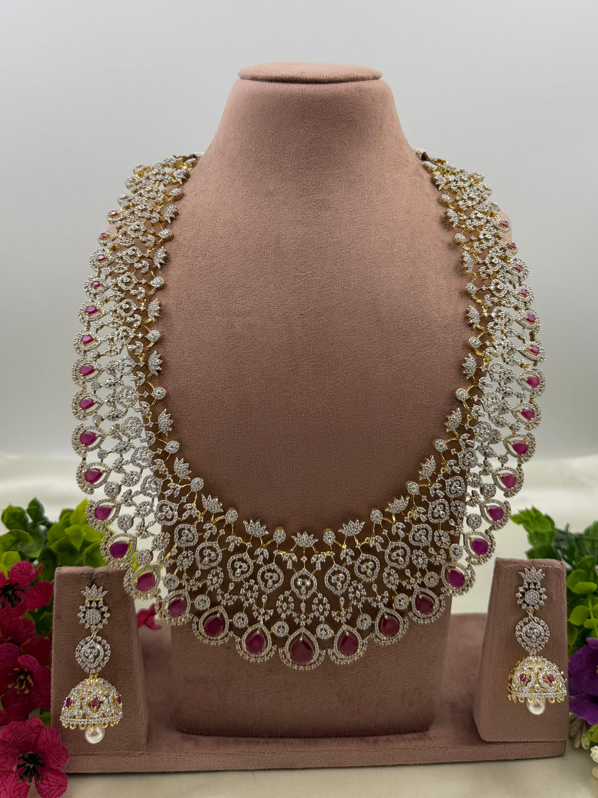 Rose American Diamond Two Tone Long Necklace Set