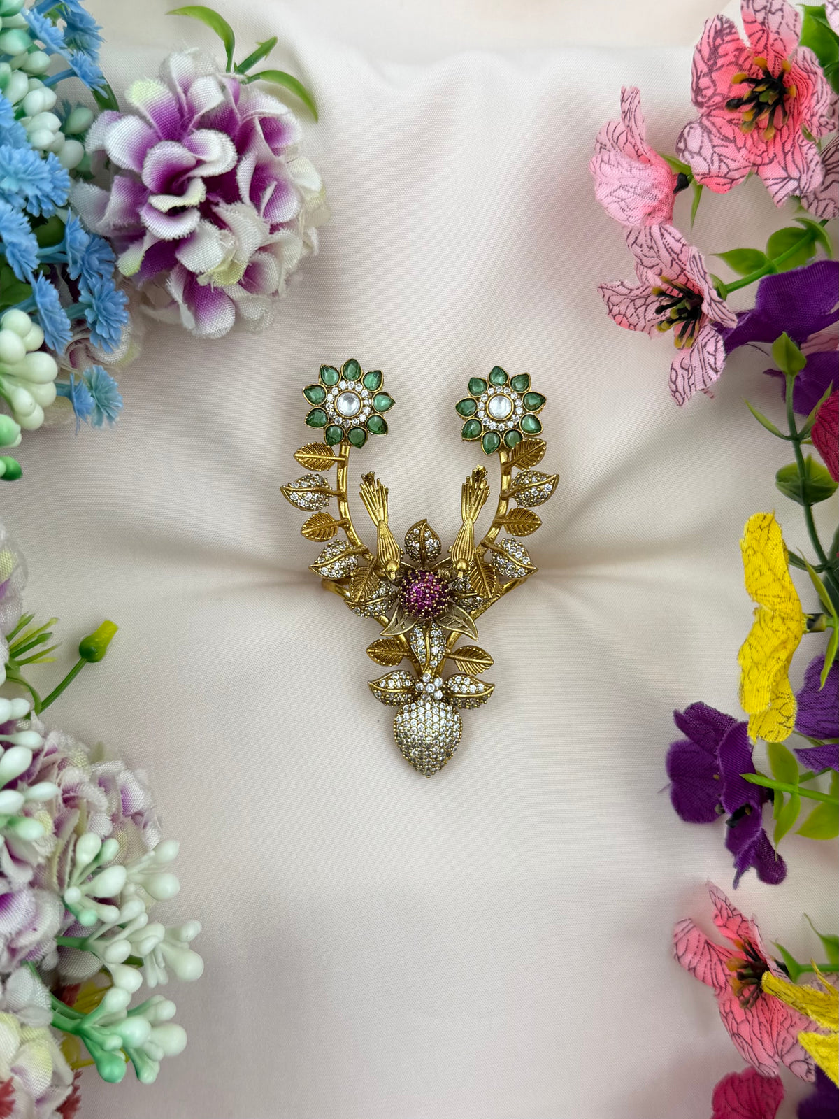 Prachi Emerald Floral Ring ( Adjustable )