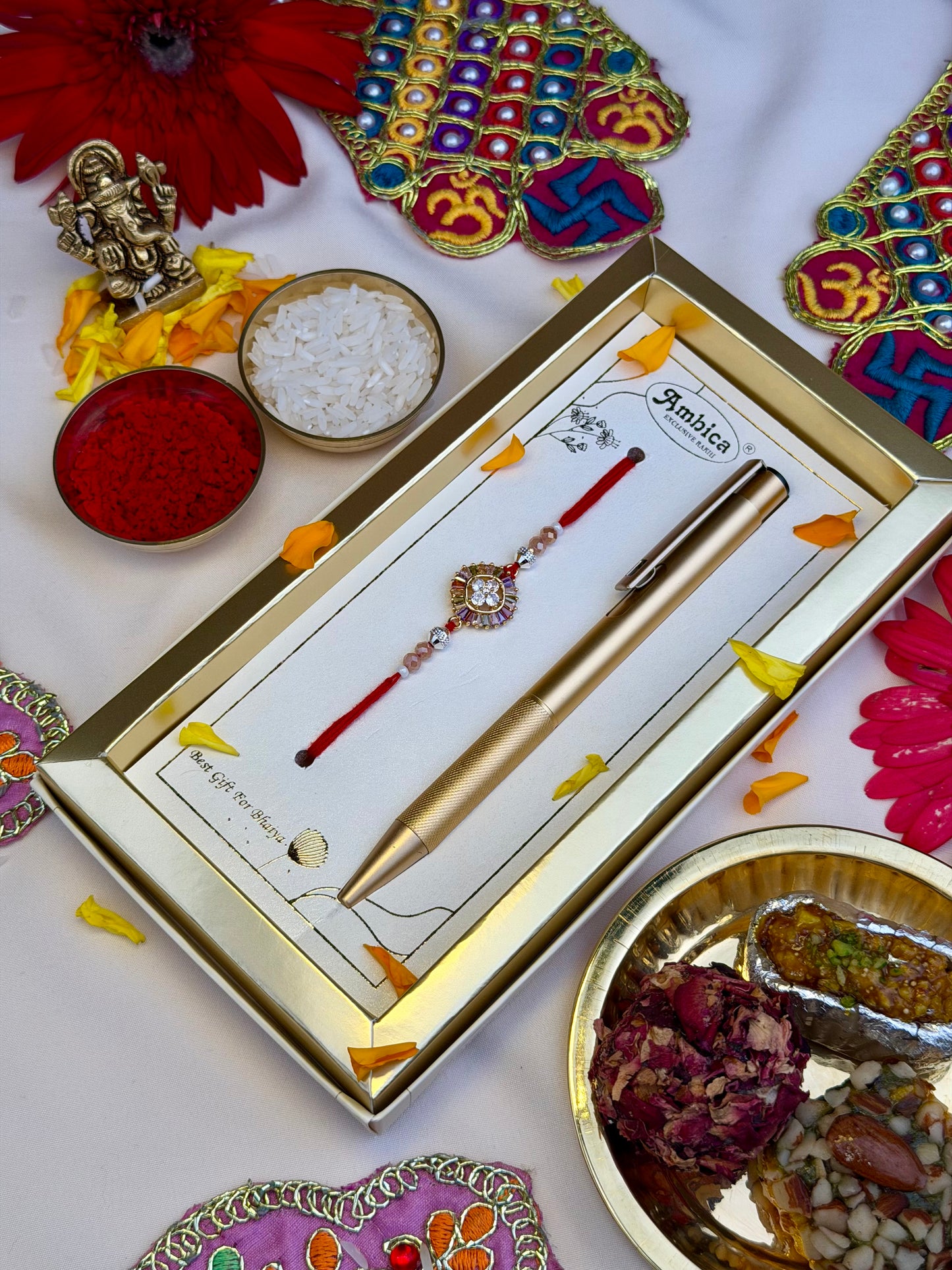 Royal Diamond Rakhi With Premium Metal Pen Gift Set