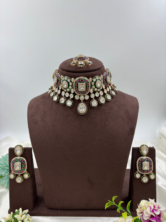 ZAREEN KUNDAN CHOKER MOISSANITE DROP NECKLACE.