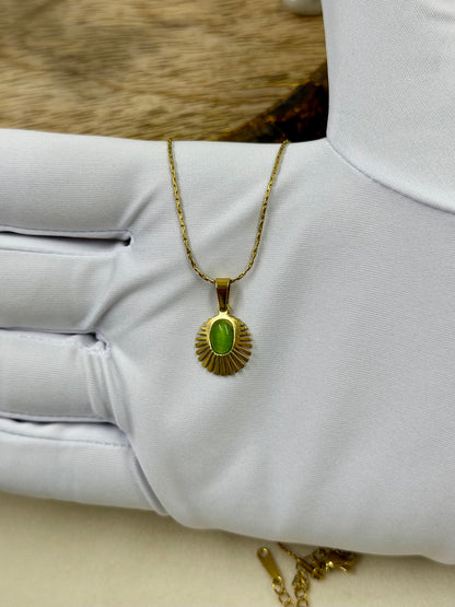 Green Oval Sunburst Design Gold Chain
