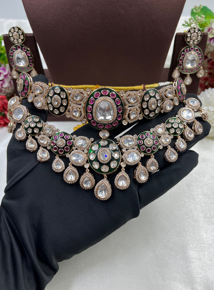 Rivee Moissanite Kundan Semi Bridal Necklace Set