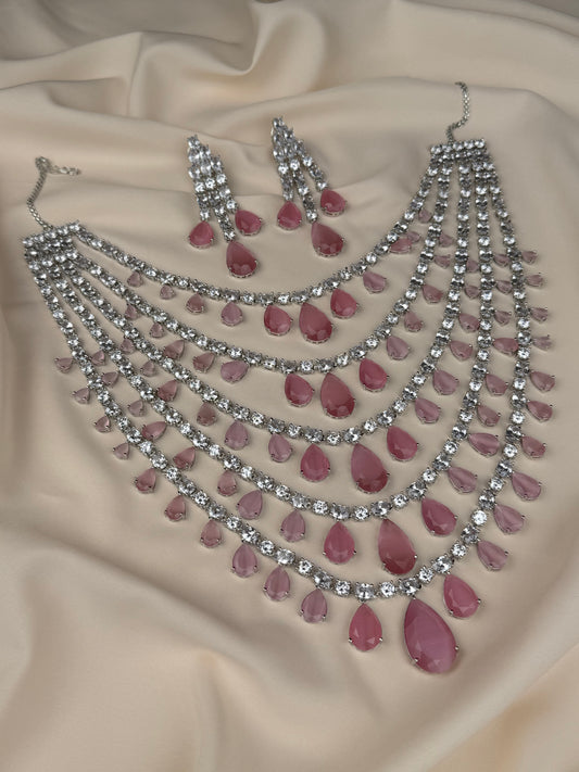 Dewdrop Rose Ensemble American Diamond Long Necklace Set