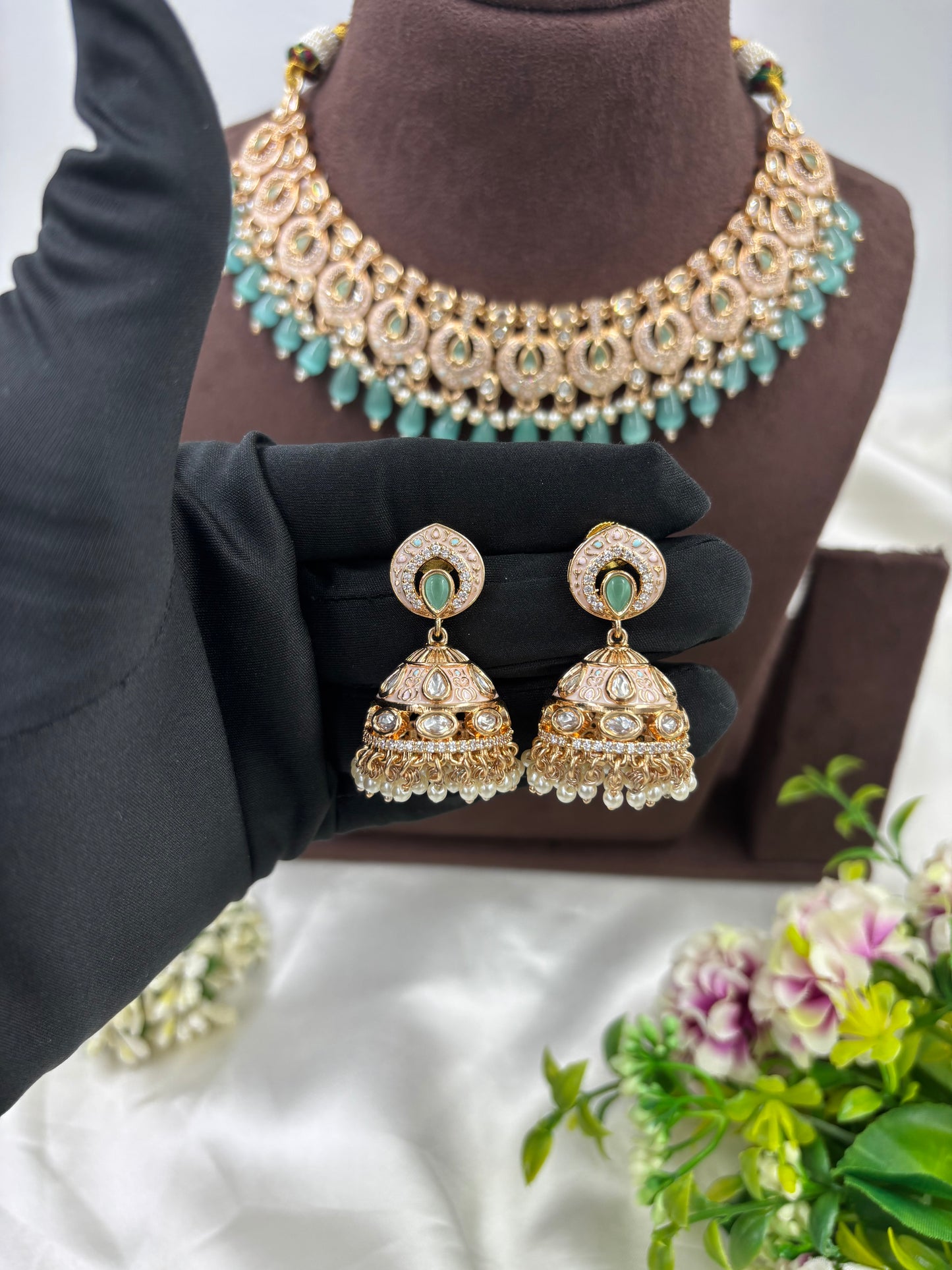 NOOR MOISSANITE KUNDAN PEARL NECKLACE SET