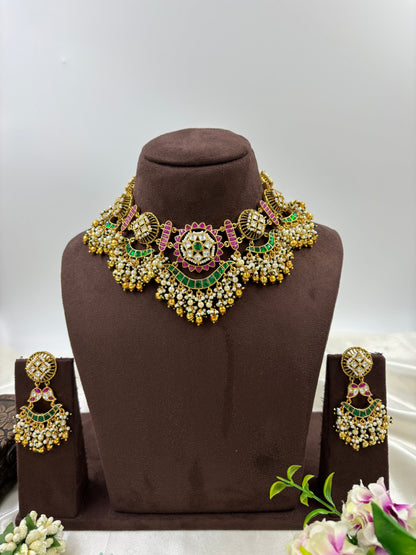 Navya Premium Antique Gold Pachi Kundan Necklace Set