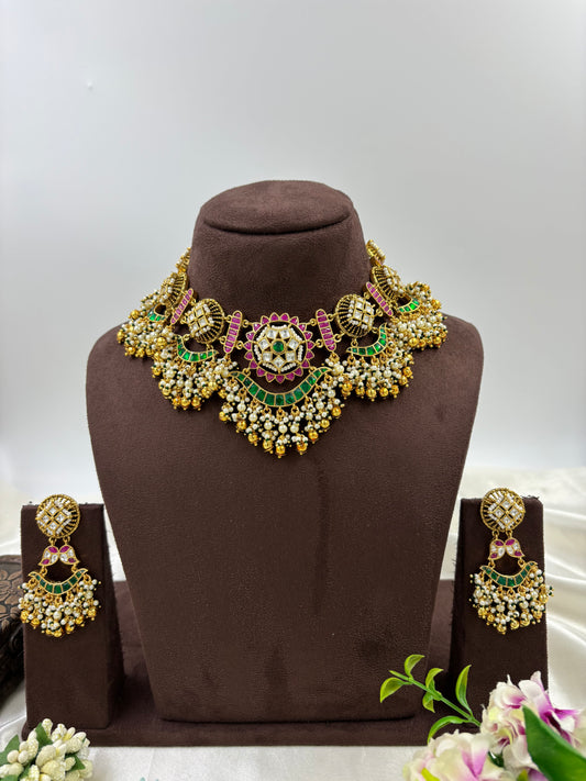 Navya Premium Antique Gold Pachi Kundan Necklace Set