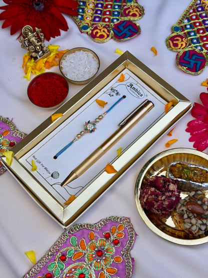 Luxury Multicolour Crystal Rakhi With Premium Metal Pen Gift Set