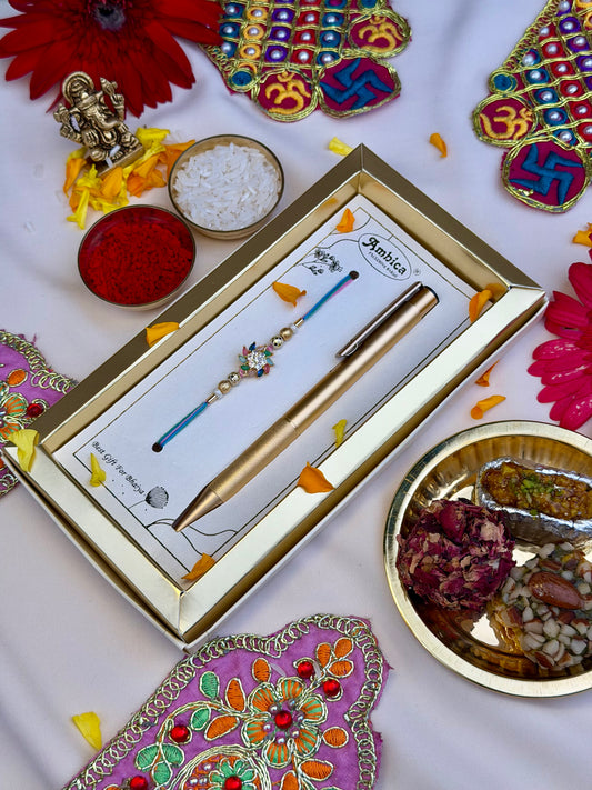Luxury Multicolour Crystal Rakhi With Premium Metal Pen Gift Set