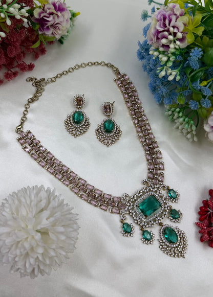 Kusum American Diamond Semi Long Necklace Set
