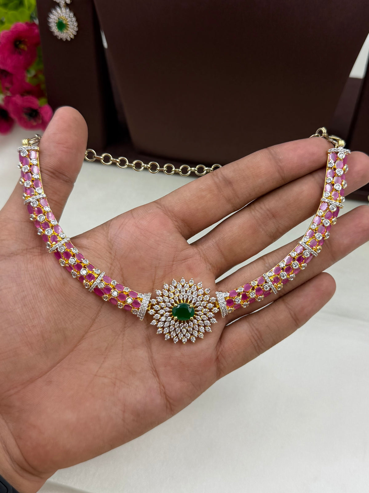 Rose American Diamond Two Tone Delicate Necklace