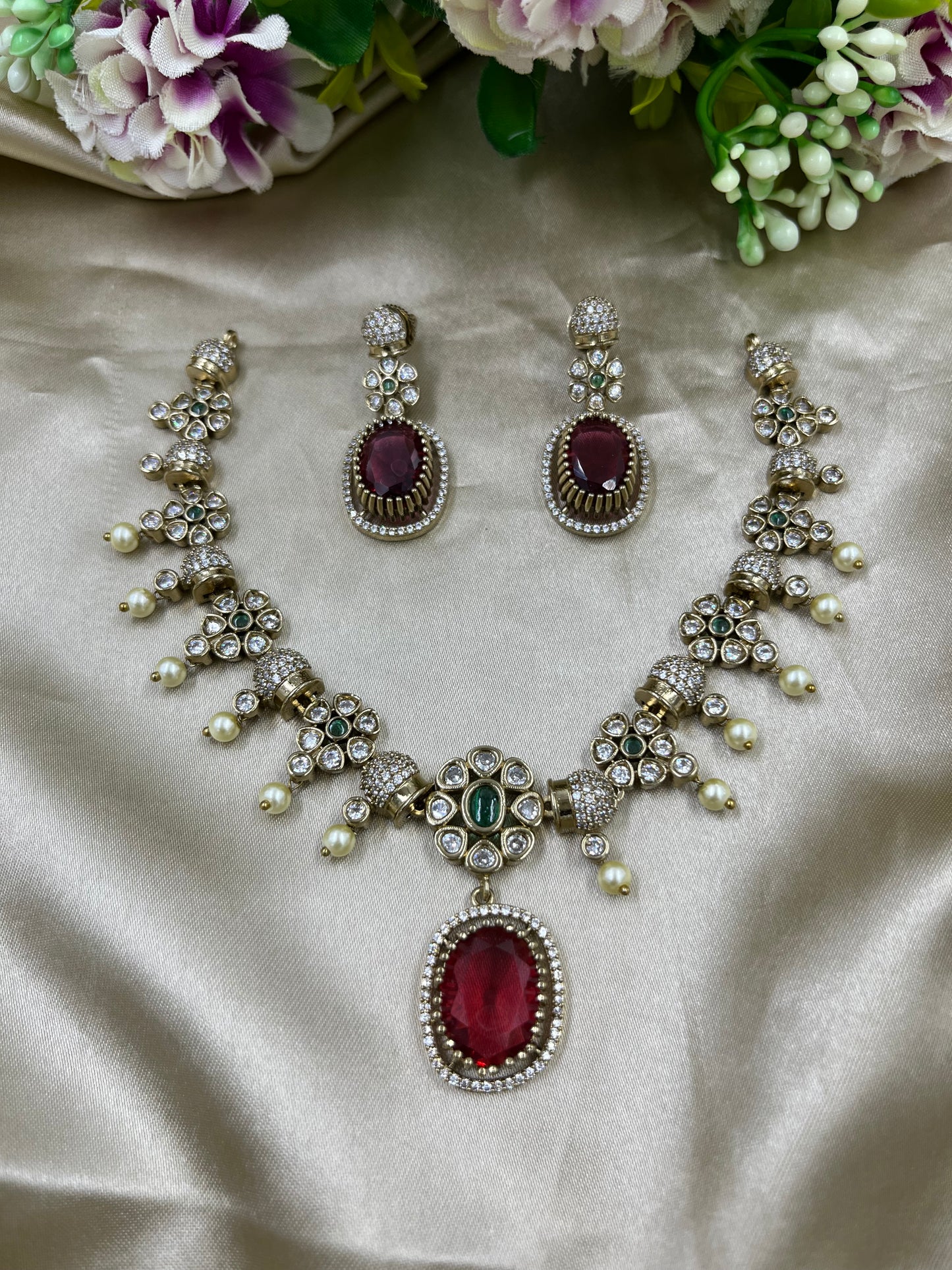 Rhea Majestic Pearl & Stone Victorian Necklace Set