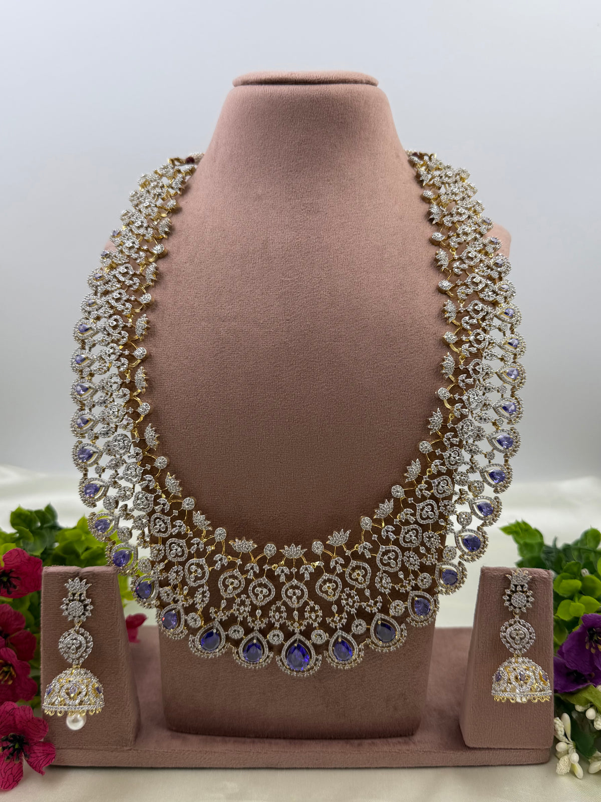 Rose American Diamond Two Tone Long Necklace Set
