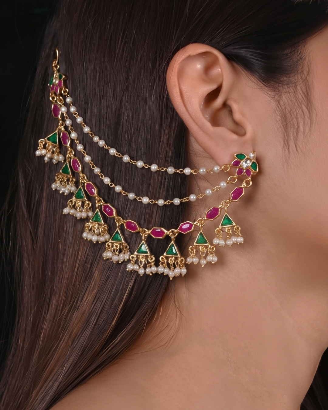 Payal Pachi Kundan Ear Chain