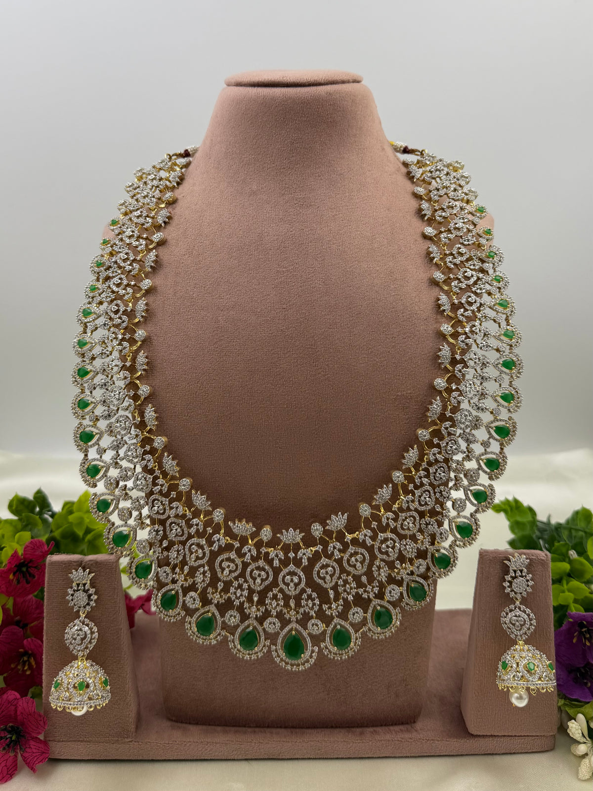 Rose American Diamond Two Tone Long Necklace Set