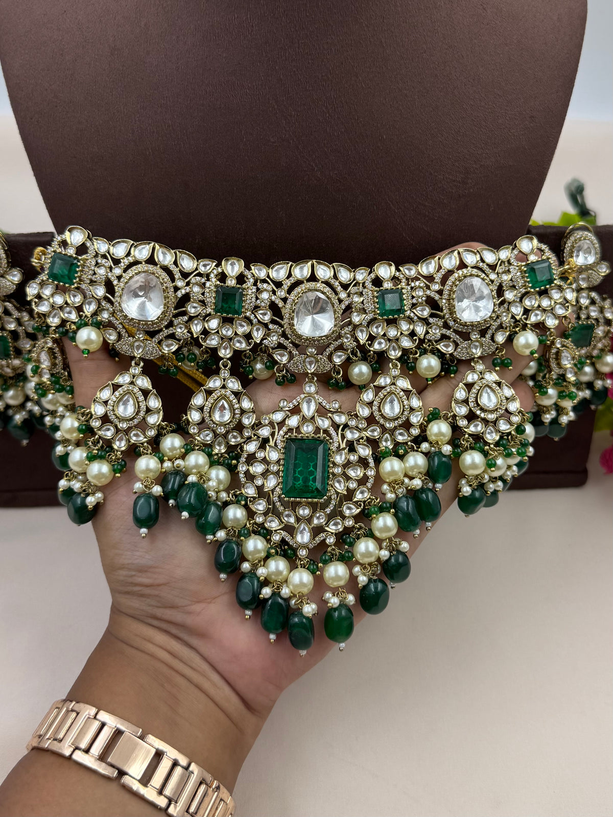 Mrinalini Victorian Moissanite Pearl Choker Necklace Set