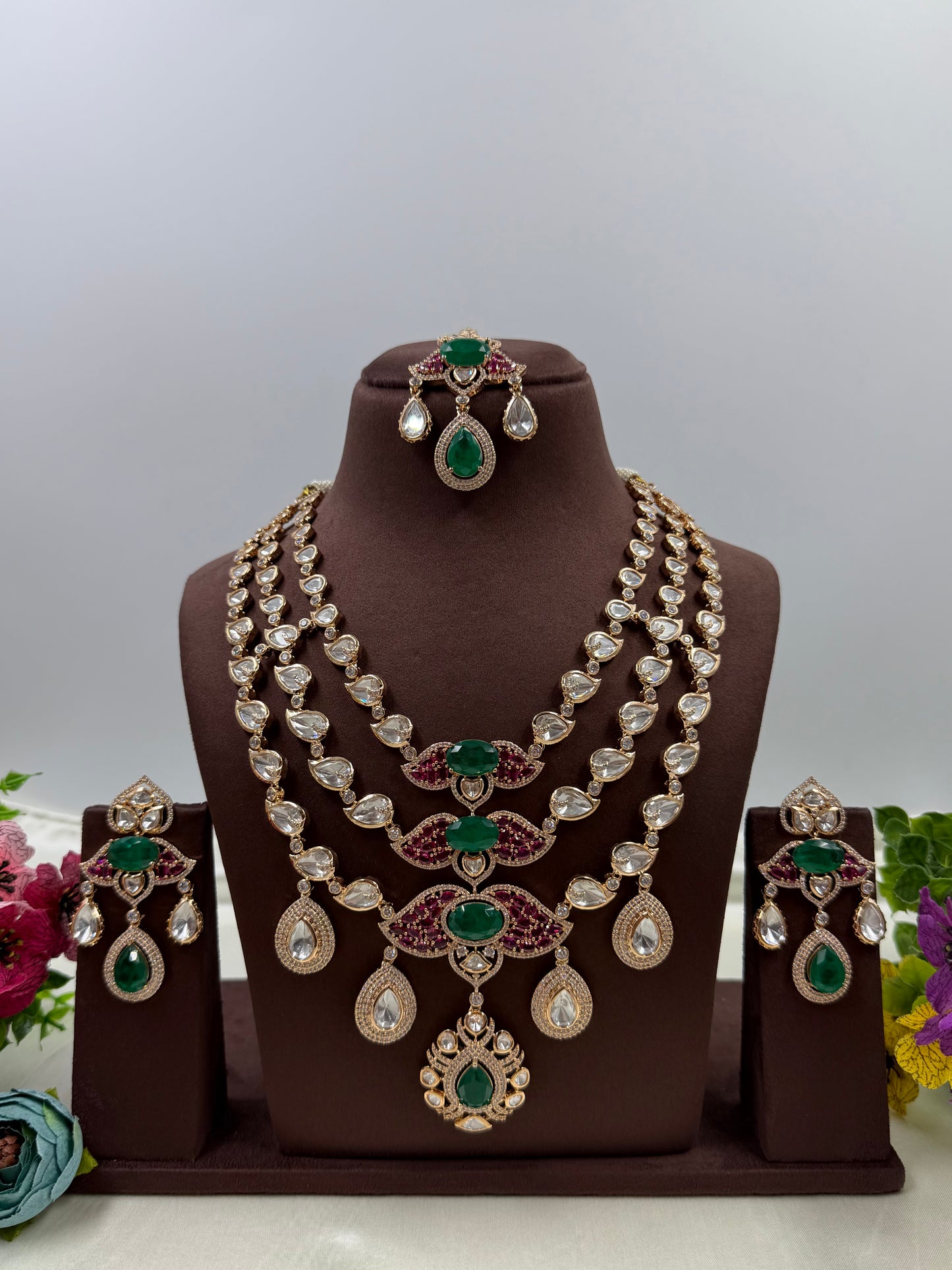 Janki Moissanite Three Layer Necklace Set