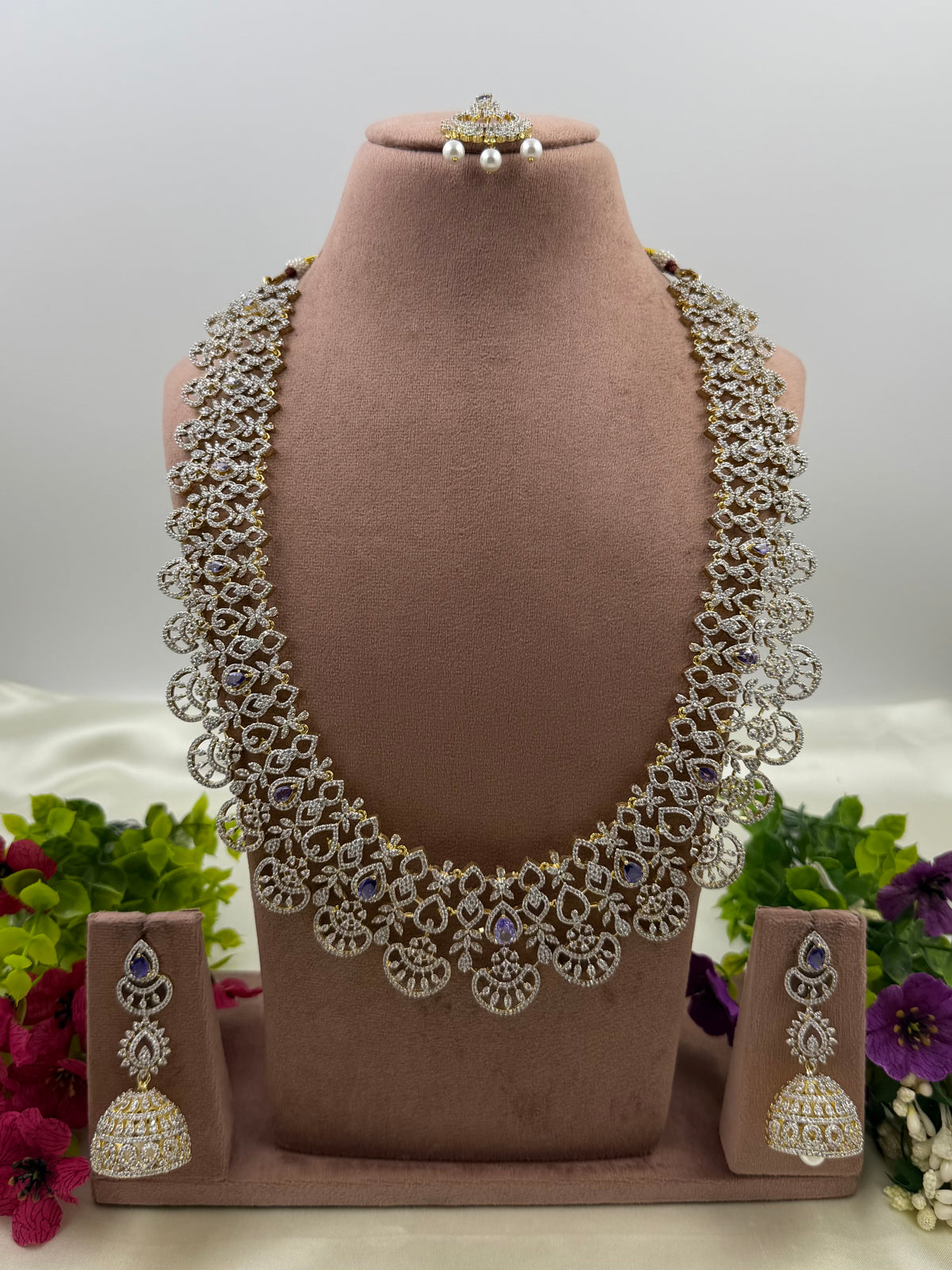 Maria American Diamond Two Tone Long Necklace Set