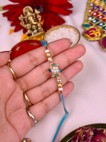Luxury Multicolour Crystal Rakhi With Premium Metal Pen Gift Set