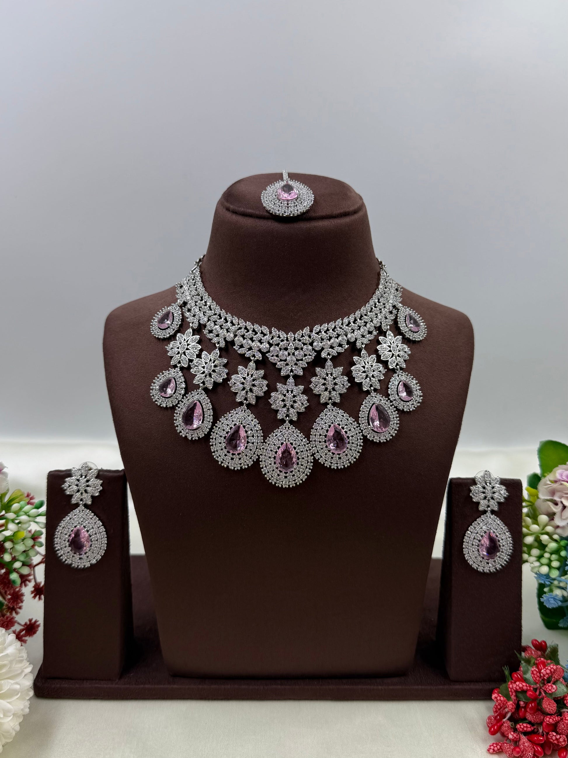 American Floral Drop Necklace Set (Small) - Crystal Pink