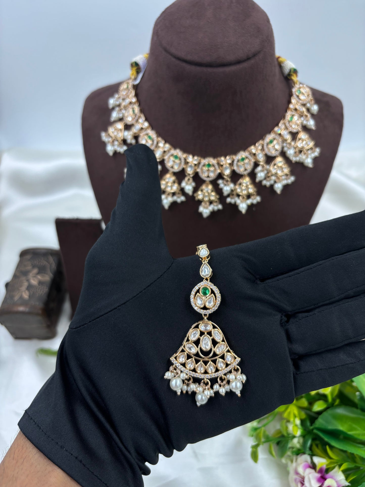 LISA MOISSANITE KUNDAN PEARL NECKLACE SET