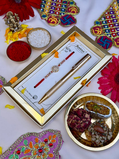 Elegant Crystal Rakhi With Premium Metal Pen Gift Set