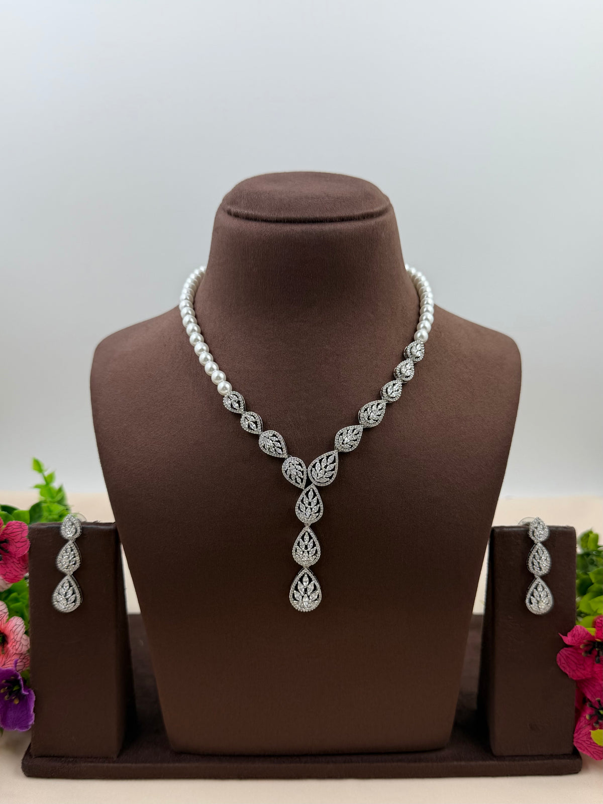 Selena American Diamond Pearl Delicate Necklace Set