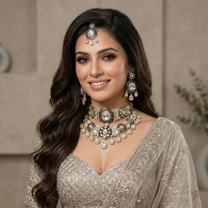 Rivee Moissanite Kundan Semi Bridal Necklace Set