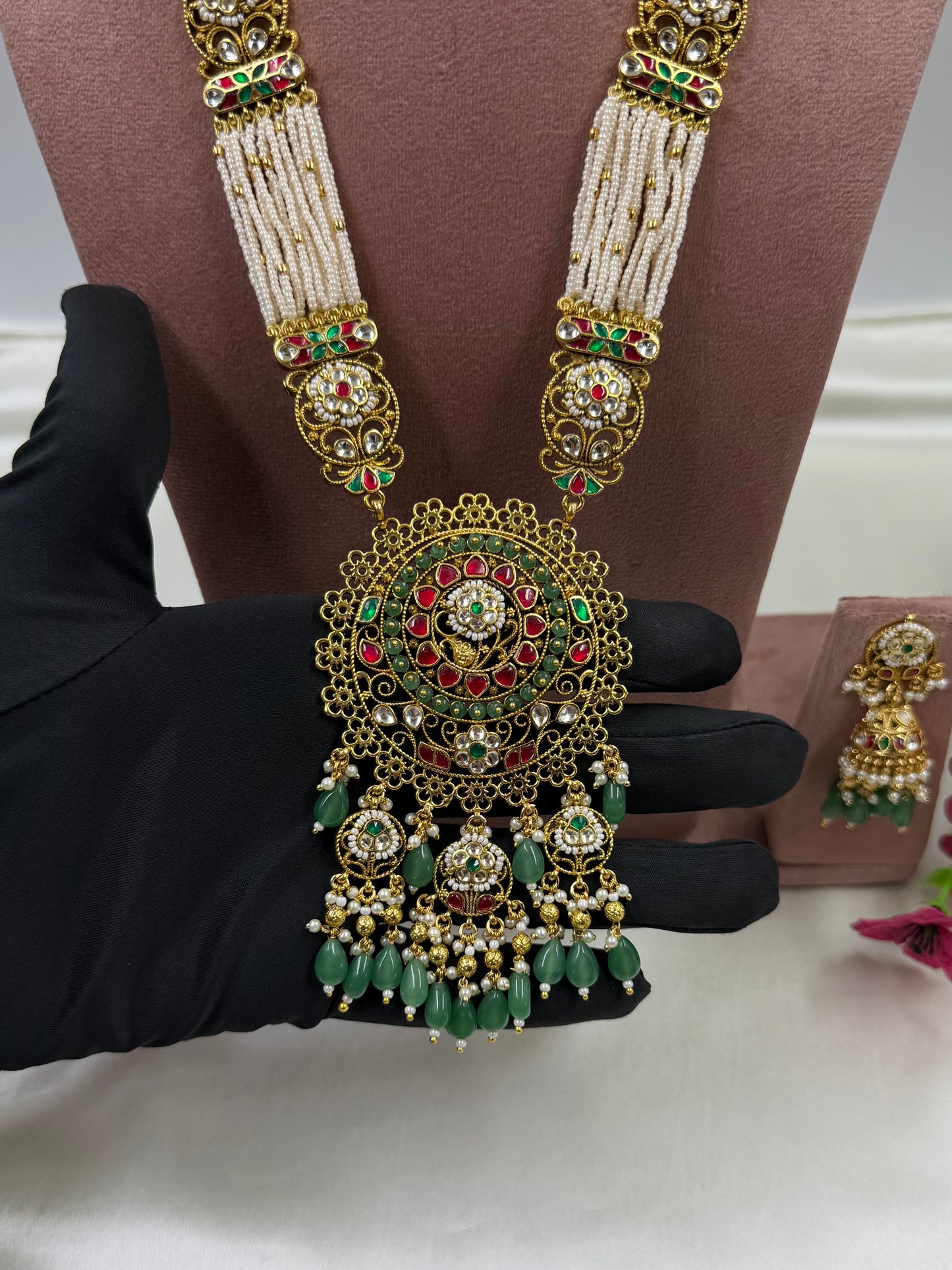 Priyanka Pachi Kundan Long Necklace Set
