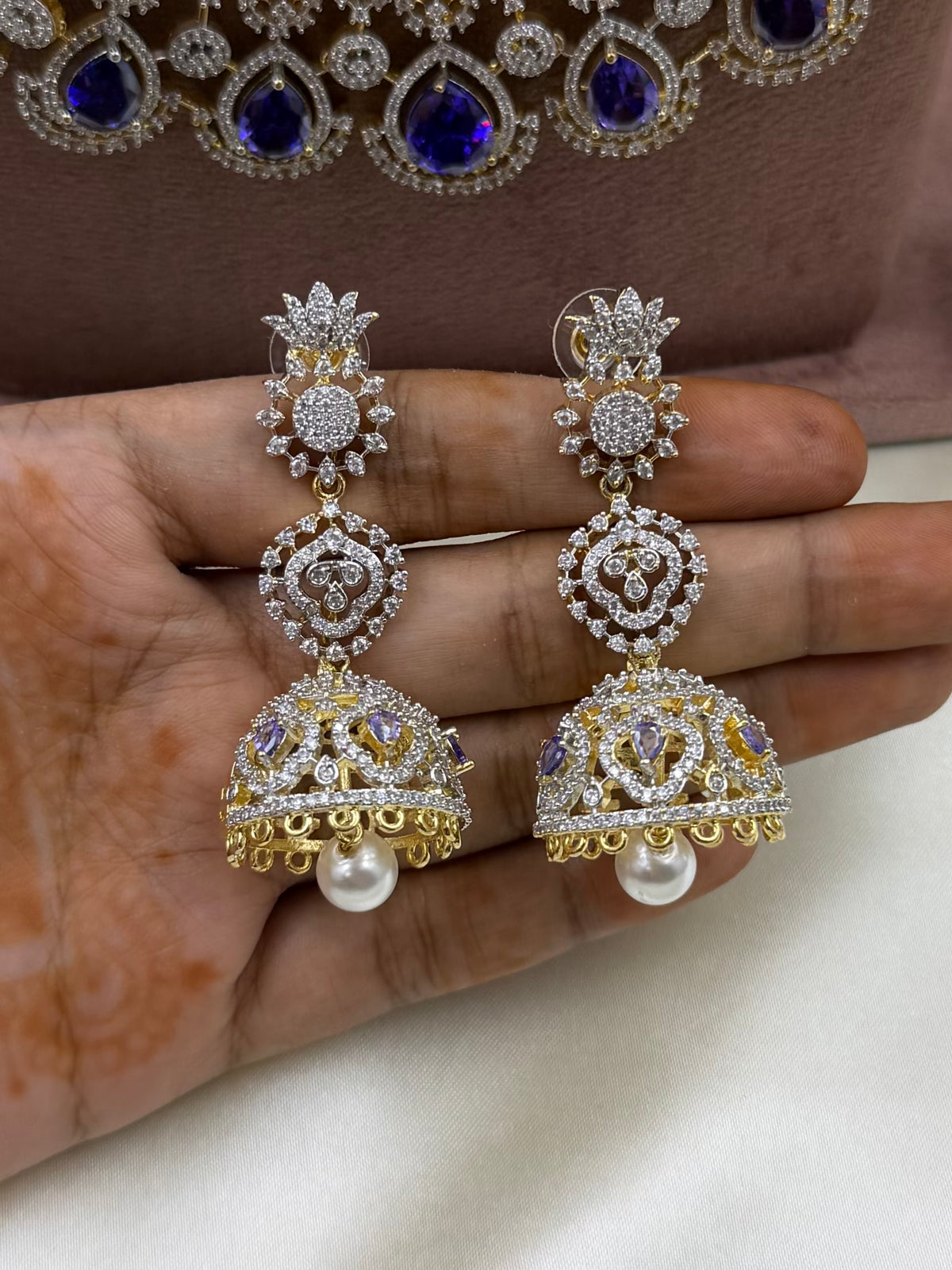 Rose American Diamond Two Tone Long Necklace Set