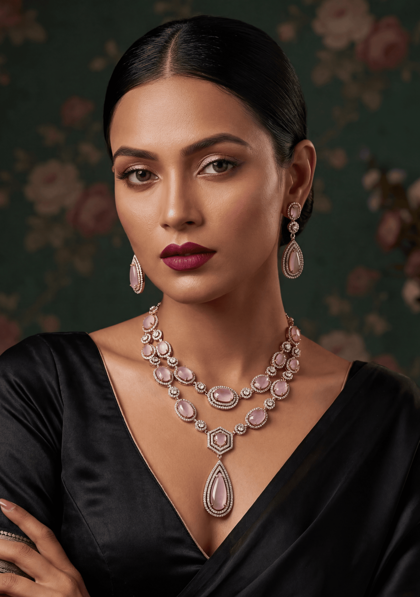 Kritika Elegant Layers Victorian Necklace Set - Baby Pink