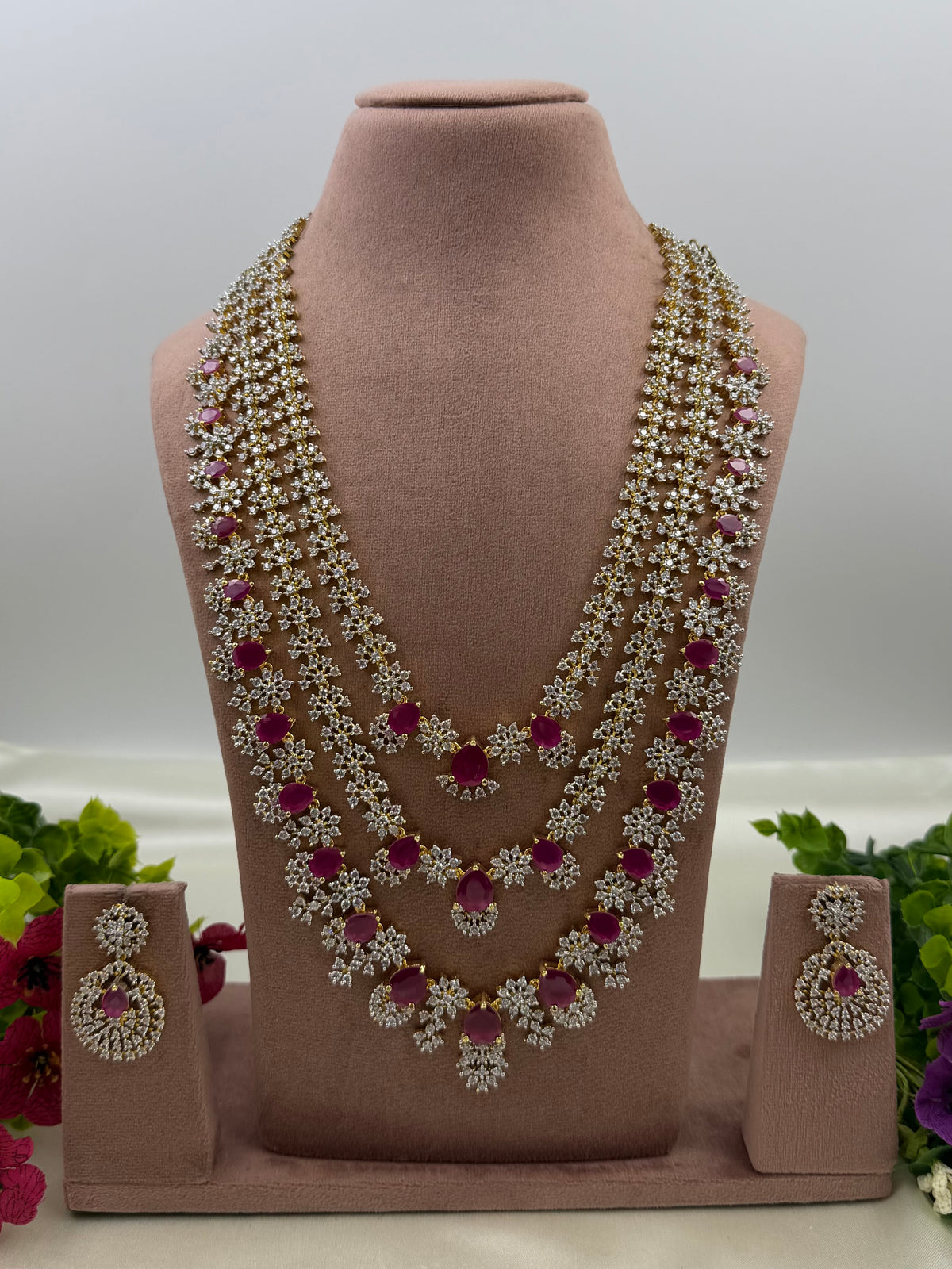 Mary American Diamond Two Tone Long Necklace Set