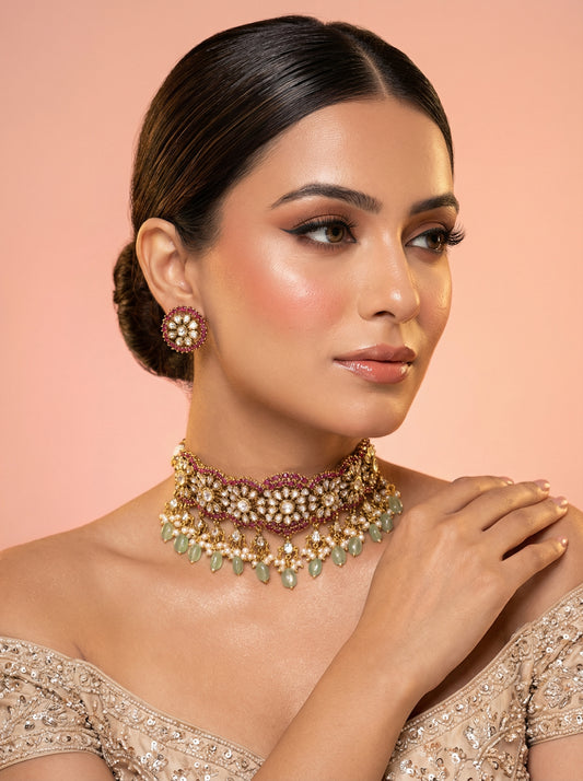 Rumani  Multi Drop Kundan Choker Necklace.
