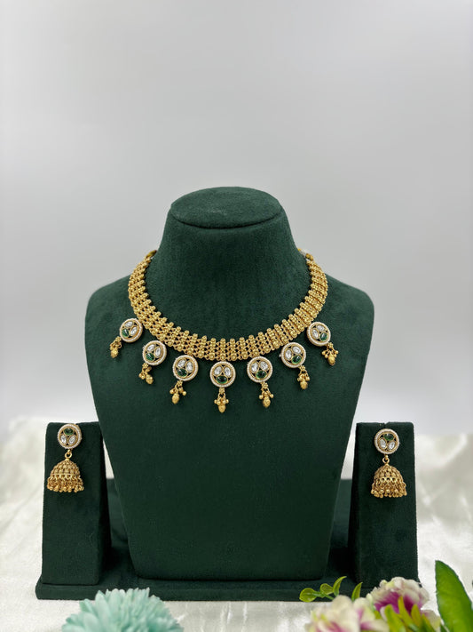 Rajwadi Gold Necklace Set with Jhumkas